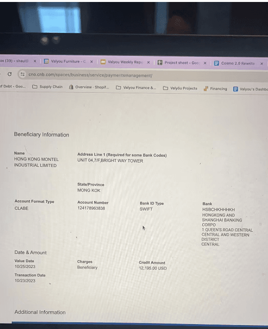 Image of the deposit from the fraud Valyou Furniture