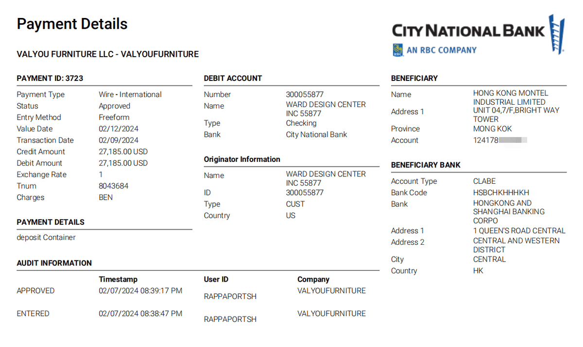 Image of the fake bank slip from the cheater Valyou Furniture